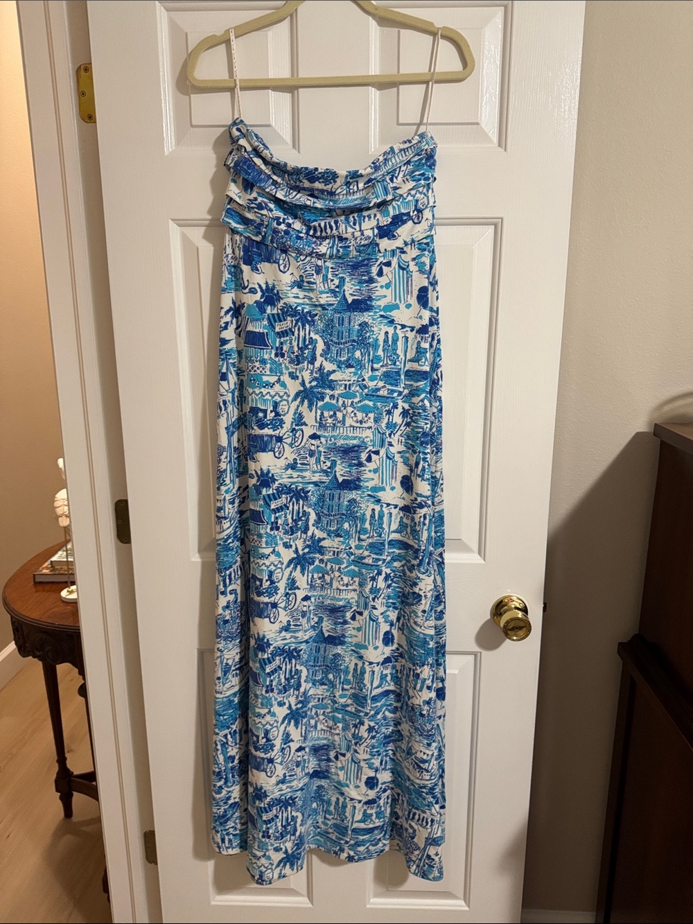 Lilly Pulitzer Blue and White Strapless Ruffle Maxi Dress-Fresh Catch